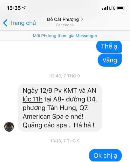 An Nguy chia sẻ tin nhắn của Cát Phượng gửi mình để thông báo địa điểm trả lời phỏng vấn cùng Kiều Minh Tuấn.