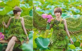 Độc đáo bộ ảnh sen với trang phục hoàn toàn bằng lá cây
