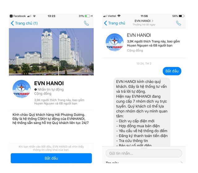 Chatbot hỗ trợ khách hàng qua Facebook EVN HANOI