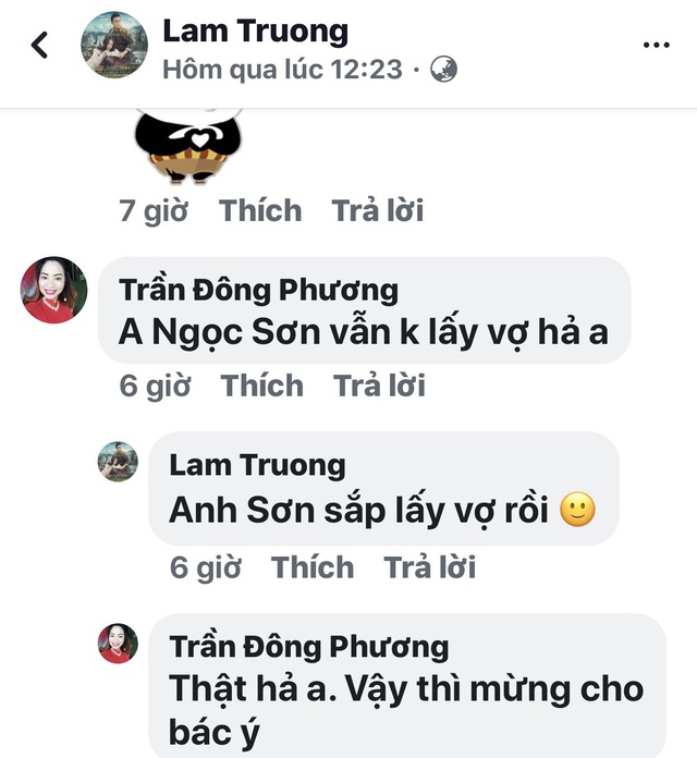 Dòng bình luận của Lam Trường làm dấy lên tin đồn Ngọc Sơn sắp lấy vợ. 