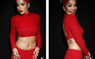 Rita Ora khoe eo săn chắc với váy đỏ rực