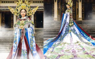 Hoa hậu Châu Ngọc Bích mang áo dài biểu tượng hoa sen trắng lộng lẫy tới Mrs Universe 2018