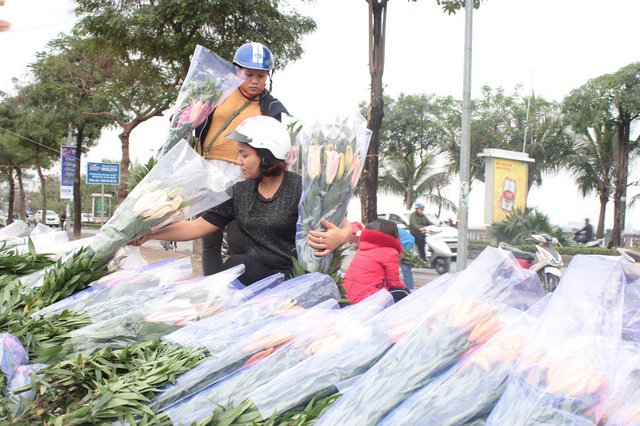 Các bó hoa ly với đủ màu được bó thành từng chục cho khách lựa chọn.