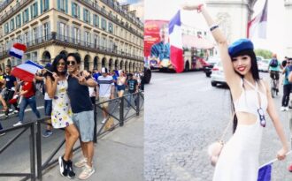 2 siêu mẫu gốc Việt hoà cùng biển người ăn mừng chiến thắng của đội tuyển Pháp