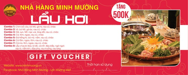 1000 Voucher đã được phát ra chuỗi nhà hàng đã phục vụ hơn 5000 thực khách vào thời điểm sau tết Âm lịch. Trong nửa cuối tháng 3 và nửa đầu tháng 4 năm 2017, chuỗi nhà hàng Minh Mường lại tiếp tục triển khai chương trình tặng Vouher trị giá tới 500.000đ cho khách hàng muốn quay lại hoặc cho những ai chưa có cơ hội thưởng thức lẩu hơi.