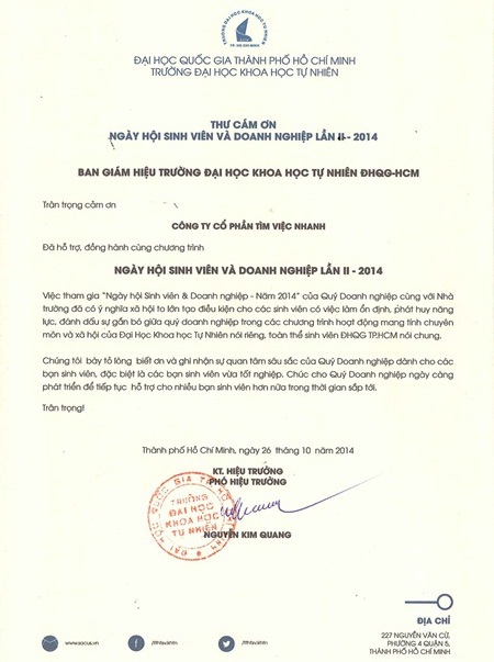 Sinh viên khởi nghiệp - Câu chuyện người đồng hành - 3 Trường ĐH Khoa học tự nhiên gửi thư cảm ơn Timviecnhanh.com