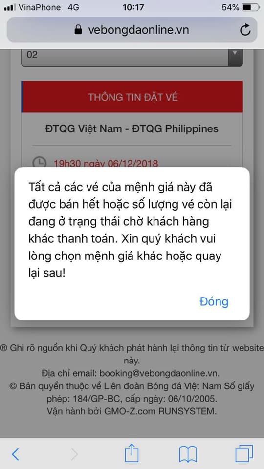 Nhiều người đặt vé thành công thì lại được thông báo các mệnh giá đã được bán hết