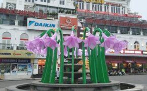 Dân mạng tranh cãi về hoa trang trí đài phun nước Đông Kinh Nghĩa Thục