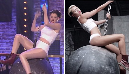 Anne (trái) tái hiện xuất sắc hình ảnh Miley Cyrus trong video clip Wrecking Ball.