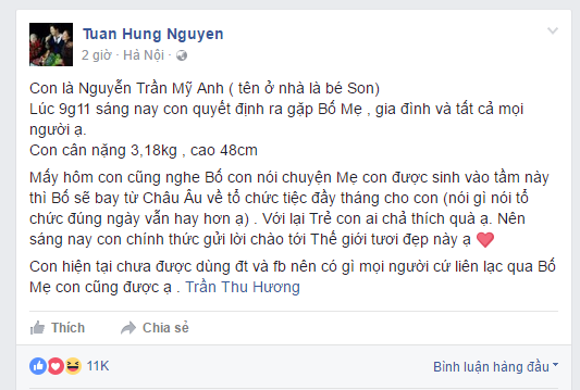 Dòng chia sẻ hài hước, hạnh phúc của nam ca sĩ trên trang cá nhân. Sau khi đoạn chia sẻ được đang tải, rất đông bạn bè và người hâm mộ vào chúc mừng gia đình anh.