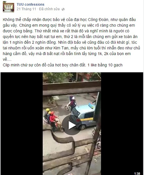 Clip bảo vệ đánh sinh viên được đăng tải trên diễn đàn TUU confession