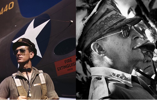  Hình ảnh kính aviator đầu tiên xuất hiện (trái) và Ảnh 2:Tướng Douglas MacArthur của quân đội Mỹ đeo kính phi công (phải) 