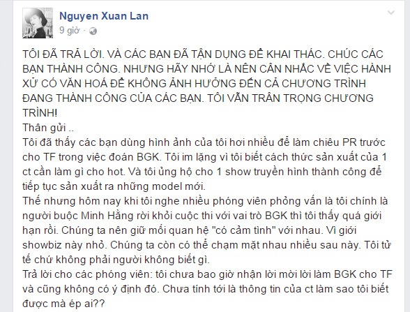 Bức xúc của Xuân Lan trên trang cá nhân về sự việc liên quan đến chương trình The Face và Minh Hằng