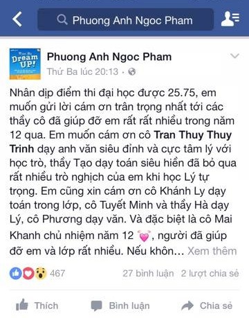  Phương Anh chia sẻ niềm vui trên facebook cá nhân. 