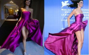 Siêu mẫu Brazil hở bạo với váy tím