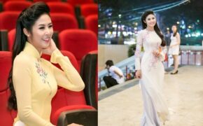 Diện áo dài đào mai, hoa hậu Ngọc Hân rạng rỡ làm MC