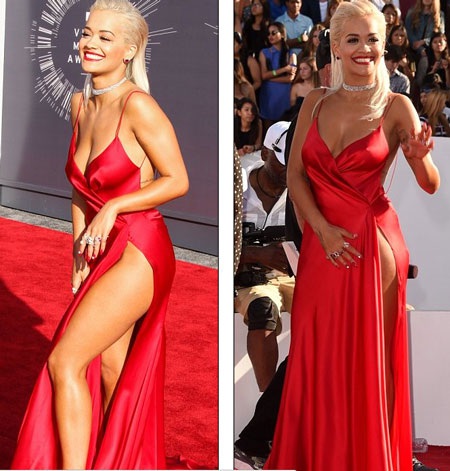 Nữ ca sĩ 23 tuổi Rita Ora gây ấn tượng mạnh mẽ với váy đỏ xẻ cao và không nội y trên thảm đỏ. 