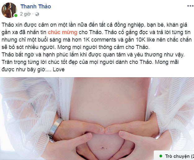 Thanh Thảo khoe bụng bầu trên trang cá nhân.