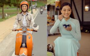 Lương Thùy Linh đi xe máy, ngồi lề đường thưởng thức tàu phớ khi tham quan Đà Lạt