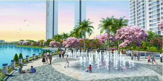 Khu vực trung tâm của SAKURA PARK với quảng trường nhạc nước