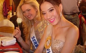 Người đẹp Hoa hậu Quốc tế vui vẻ trong tiệc đấu giá từ thiện