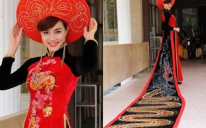 Trang Nhung diện áo dài rồng dài hơn 13m
