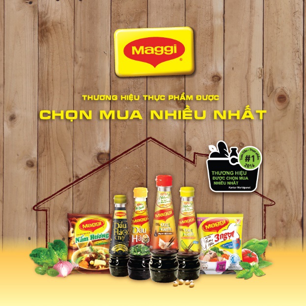  Nước tương Maggi được lên men tự nhiên từ đậu nành, hạt nêm Maggi nấm hương được chiết xuất từ nấm hương thiên nhiên và dầu hào Maggi cho món xào ngon tự nhiên là những dòng sản phẩm quen thuộc, giúp giữ đúng vị ngon tự nhiên của từng món ăn, góp phần mang lại niềm vui, hạnh phúc cho mỗi gia đình Việt. Theo định hướng về Dinh Dưỡng, Sức Khỏe và Sống Vui Khỏe của tập đoàn, các sản phẩm của Maggi đều được bổ sung vi chất nhằm đáp ứng nhu cầu dinh dưỡng của người tiêu dùng. Có lẽ đó cũng là lý do mà Maggi vừa được bình chọn là nhãn hàng được tiêu dùng nhiều nhất toàn cầu, theo kết quả báo cáo Mức độ phổ biến thương hiệu (Brand Footprint 2016) của Kantar World Panel. 