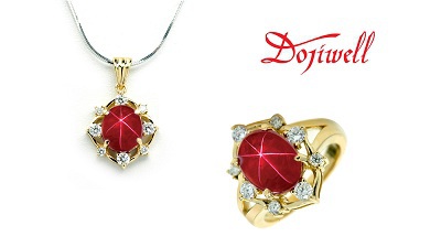 Mặt dây và nhẫn vàng vàng gắn Ruby sao và kim cương trắng