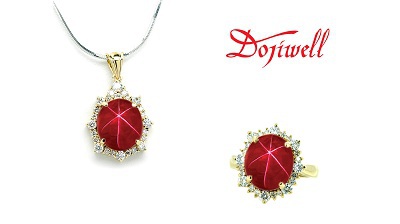 Mặt dây và nhẫn vàng vàng gắn Ruby sao và kim cương trắng