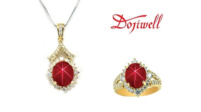 Mặt dây và nhẫn vàng vàng gắn Ruby sao và kim cương trắng