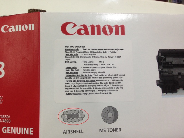 Vỏ hộp có tem nhập khẩu của Công ty Canon Marketing Vietnam, bên ngoài có in hình công nghệ túi khí (AIRSHELL)