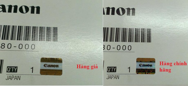 Tem chống hàng giả Canon là dạng tem phản chiếu đổi màu theo từng góc nhìn khác nhau (tem bảy màu). Khi thay đổi góc nhìn thì logo Canon chìm sẽ hiện lên và có các đường vân dạng hình Sin.