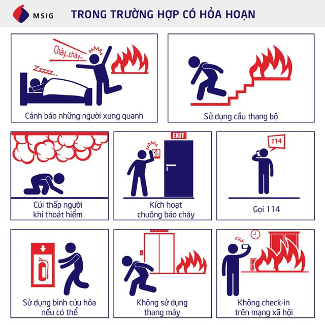 Trong trường hợp có cháy, hãy bình tĩnh thực hiện đúng kỹ năng thoát hiểm an toàn