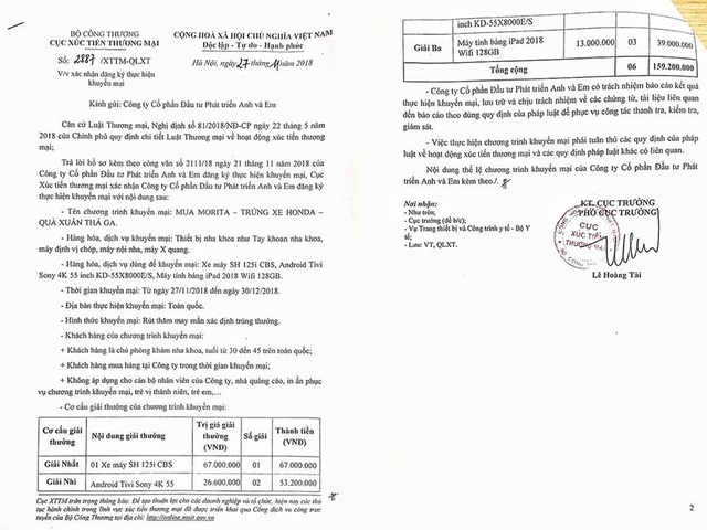 Chương trình Bốc thăm trúng thưởng đã được Cục Xúc tiến Thương mại – Bộ Công thương phê duyệt