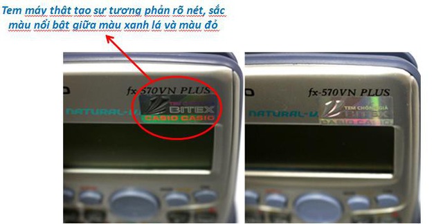 Tem giả bên phải hiệu ứng 3D mờ nhạt, không hiện được hai chữ CASIO trên nền xanh lá