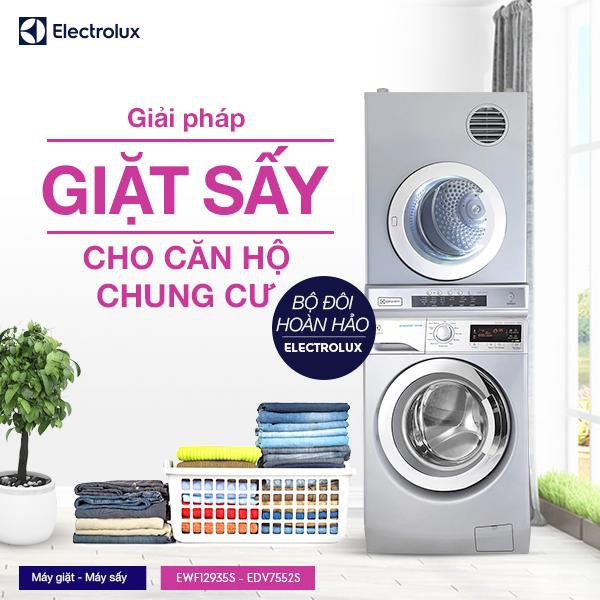 Máy sấy Electrolux thiết kế nhỏ gọn và có thể tiện lợi lắp đặt chồng ngược trên máy giặt cửa trước giúp tiết kiệm không gian tối đa