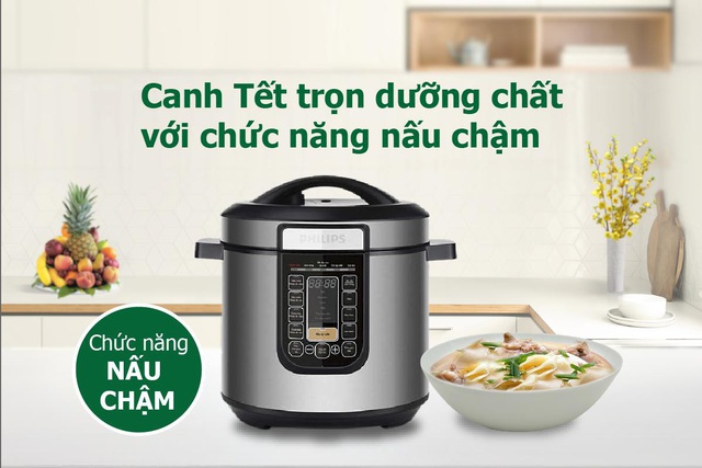 Món canh măng hầm móng giò sẽ thêm phần hoàn hảo mà vẫn giữ trọn vị ngon khoẻ nhờ tính năng nấu chậm độc đáo từ nồi áp suất Philips.