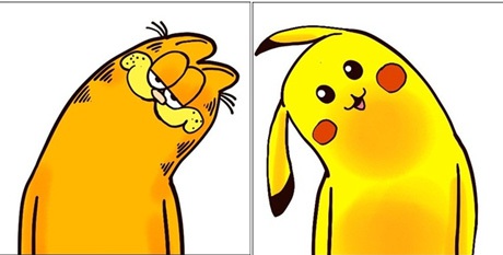 Chú mèo Garfiel nghiêng đầu bảo vệ thế giới và Pikachu nghiêng nghiêng